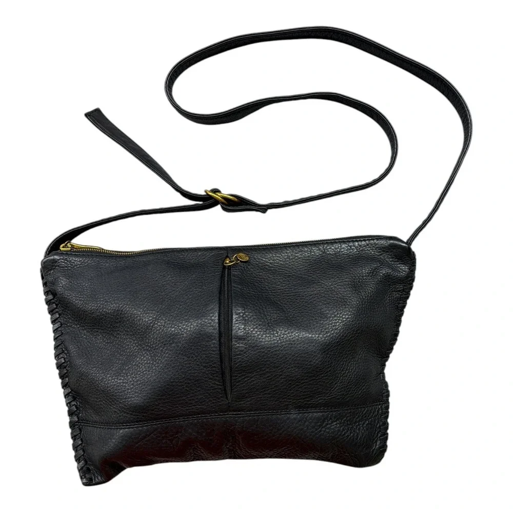 HOBO Black Leather Shoulder Bag Whipstich Detail Brass LOGO Hardware Purse EUC